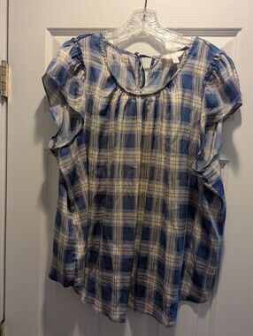LC Lauren Conrad Blue Cream White Plaid Short Sleeve Blouse Top Sz XXL *EUC